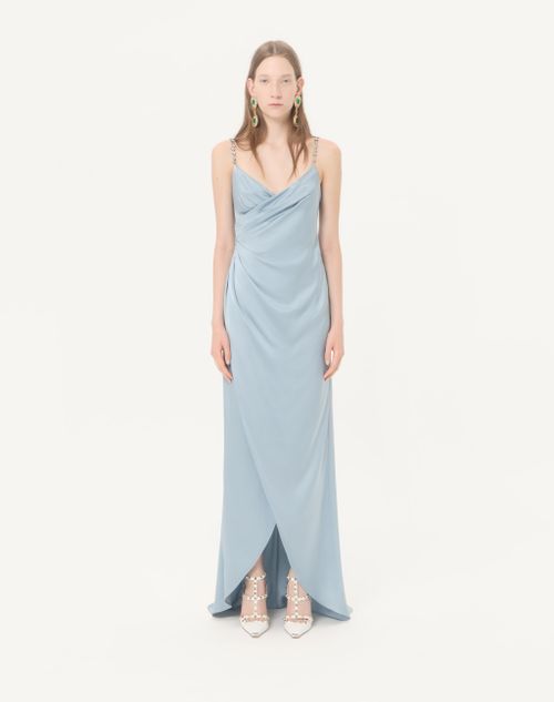Valentino - Long Dress In Embroidered Cady Satin - Azure/silver - Woman - Ready To Wear