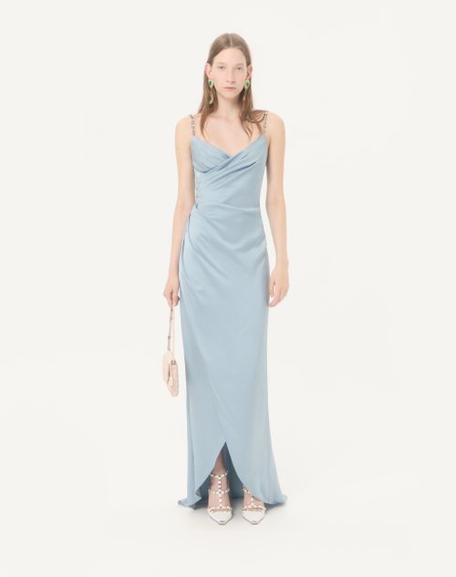 Valentino - Long Dress In Embroidered Cady Satin - Azure/silver - Woman - Ready To Wear