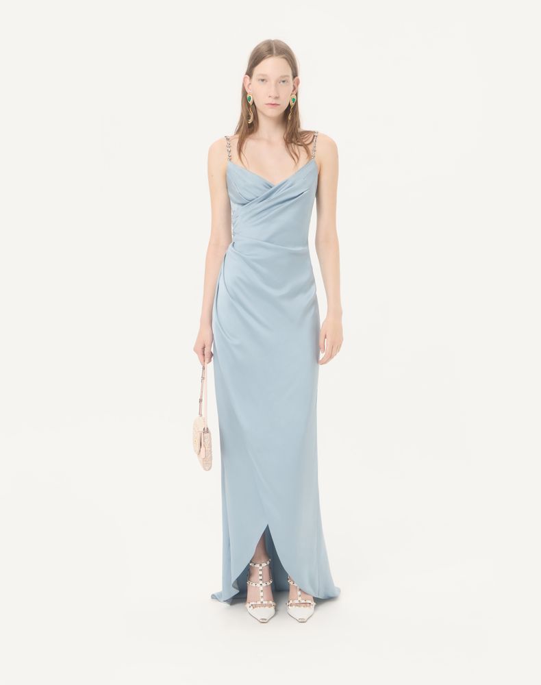 Valentino Long Dress In Embroidered Cady Satin Woman Azure/Silver 38