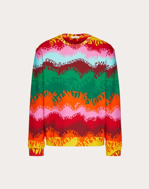 Valentino - Crewneck Cotton Sweatshirt With Valentino Waves Multicolor Print - Multicolor - Man - Men Valentino Escape 2022 Collection