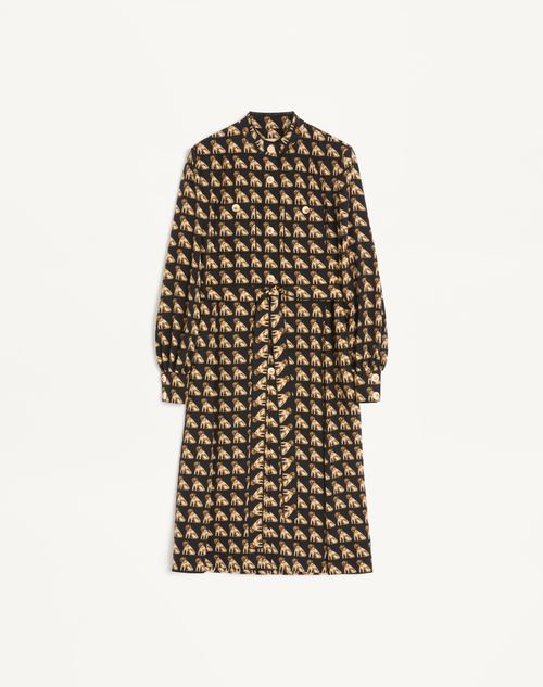 Valentino - Crepe De Chine Midi Dress With Petit Charles Print - Black/multicolor - Woman - Dresses