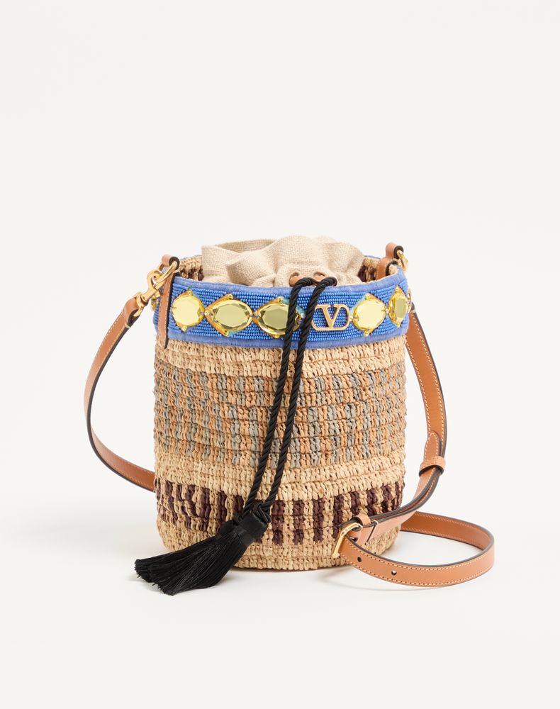 Valentino Garavani Small Raffia Embroidered Bucket Bag Woman Natural/Azure Uni