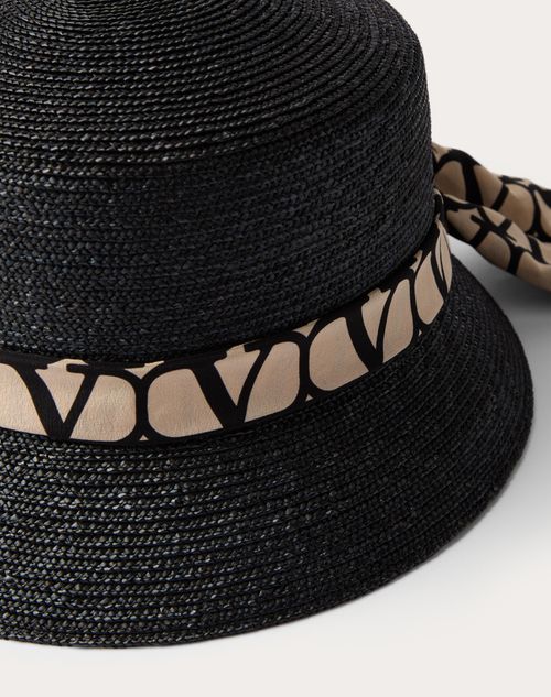 Valentino Garavani - Straw Bucket Hat With Toile Iconographe Twilly - Black - Woman - Hats And Gloves