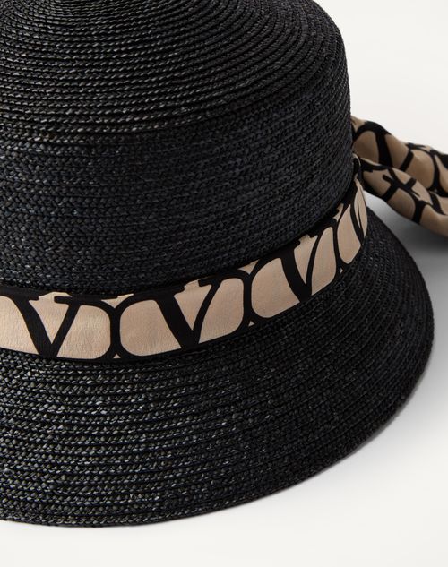 Valentino Garavani - Straw Bucket Hat With Toile Iconographe Twilly - Black/beige - Woman - Hats And Gloves