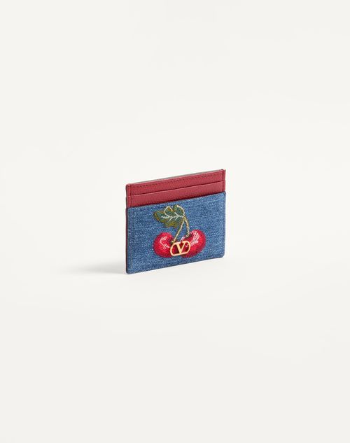 Valentino Garavani - Vlogo Signature Denim Cardholder With Cherryfic Embroidery - Denim/multicolour - Woman - Wallets And Small Leather Goods