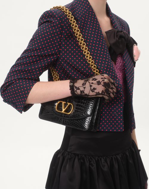 Valentino Garavani - VALENTINO GARAVANI VAIN SMALL SHOULDER BAG IN CROCODILE LEATHER - Black - Woman - Shoulder Bags