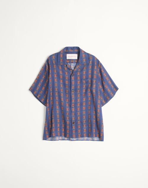 Valentino - Linen Bowling Shirt With Voyage Imaginaire Print - Blue/orange - Man - Shelf - Mrtw - Prints & Stripes - W2+w3