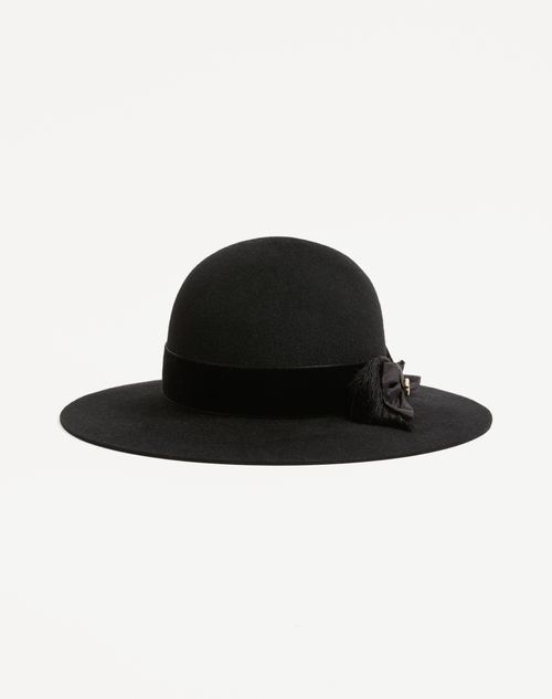 Valentino Garavani - Vlogo Signature Hat In Lapin Fabric And Velvet With Taffetas Bow - Black - Woman - Hats And Gloves