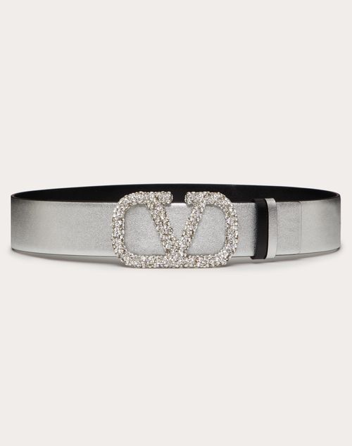 Valentino Garavani - Reversible Vlogo Signature Belt In Metallic Calfskin 40 Mm - Silver/black - Woman - Belts - Accessories