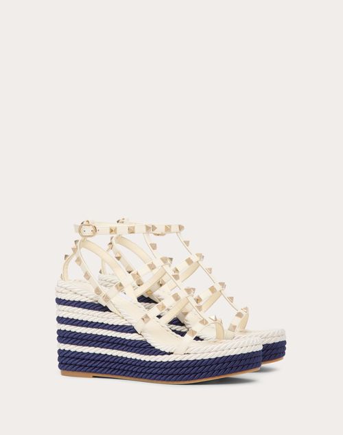 Valentino Garavani - Rockstud Wedge Sandal With Calfskin Straps 95mm - Ivory/navy - Woman - Espadrilles And Wedges