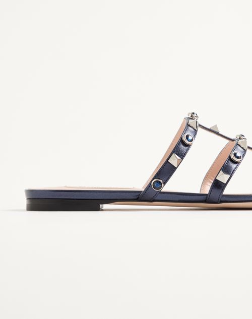 Valentino Garavani - Rockstud Slide Sandal In Laminated Nappa With Cabochon - Navy - Woman - Slides And Thongs