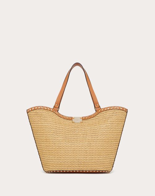 Rockstud Woven Raffia Shopping Bag for Woman in Natural/almond ...