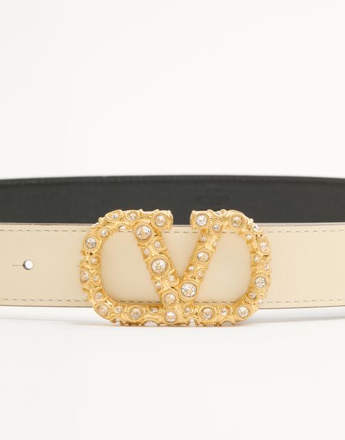 Valentino Garavani - Vlogo Signature Belt In Shiny Calfskin With Crystals 30 Mm - Butter/crystal - Woman - Belts