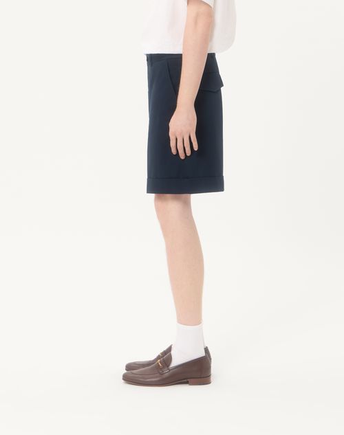 Valentino - Valentino Cotton Gabardine Bermuda Shorts With Turn-up And Vlogo Embroidery - Navy - Man - Pants And Shorts