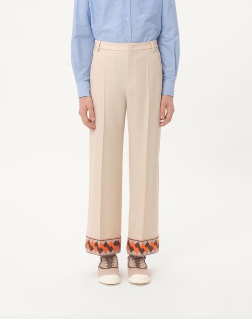 Wool Gabardine Trousers With Jacquard Hem for Man in Butter Wool Gabardine Trousers With Jacquard Hem for Man in Butter