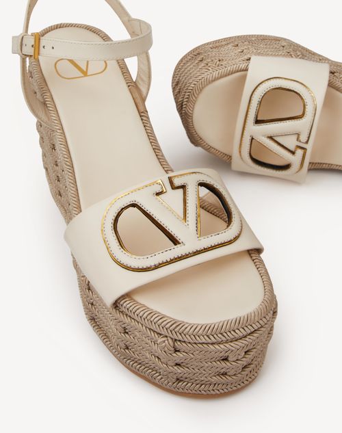 Valentino Garavani - Vlogo Calfskin Cut-out Wedge Sandal 110mm - Ivory/antique Brass - Woman - Espadrilles And Wedges