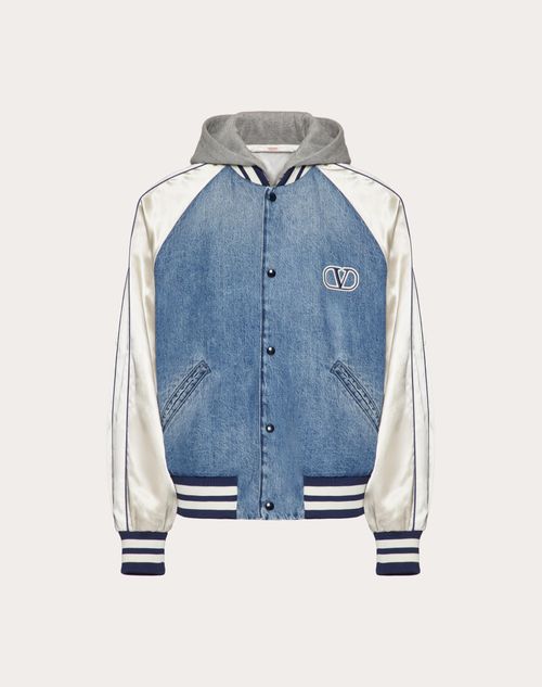 DENIM BOMBER JACKET WITH SATIN SLEEVES AND VLOGO SIGNATURE PATCH