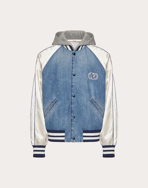 Valentino - Denim Bomber Jacket With Satin Sleeves And Vlogo Signature Patch - Blue - Man - Shelve - Mrtw - College (w2)