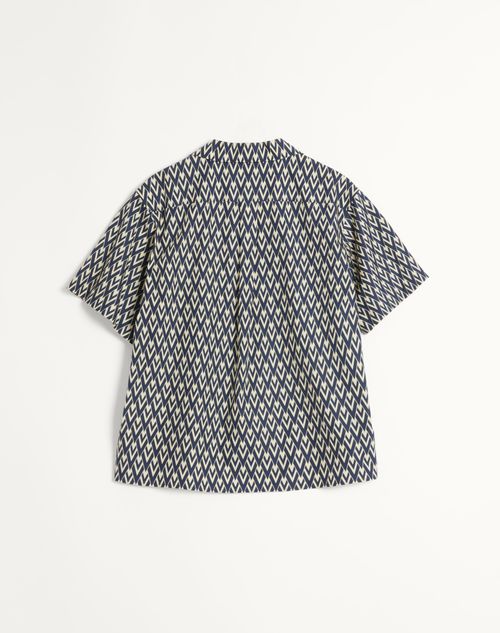 Valentino - Cotton Popeline Bowling Shirt With Toute La V Print - Navy/cream - Man - Shirts