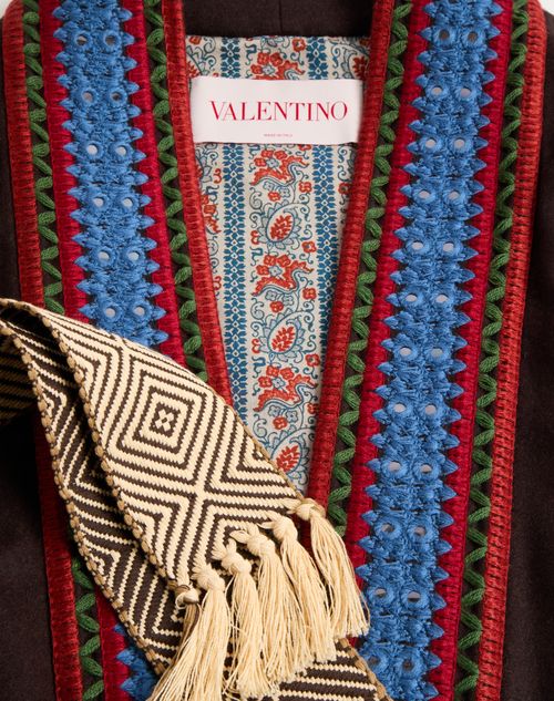 Valentino - Wool Flannel Robe Coat With Jacquard Belt - Dark Fudge - Man - Man Ready To Wear Sale