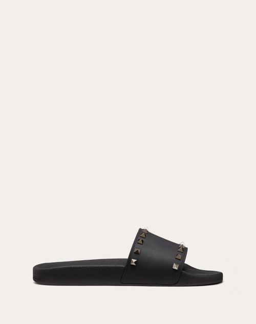Rockstud Rubber Slider Sandal for Man in Black | Valentino US