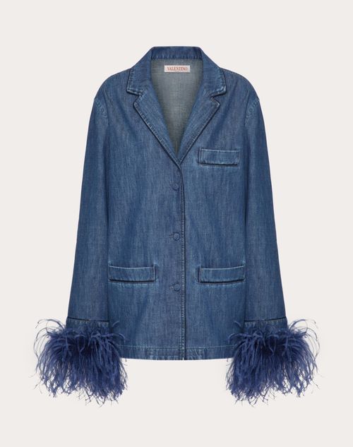 Valentino - Chambray Denim Shirt With Feathers - Blue - Woman - Shelf - Pap - Garden Party (w3)