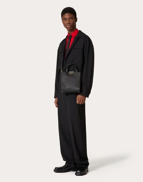 Valentino Garavani - Small Rockstud Grainy Calfskin Shopper - Black - Man - Bags