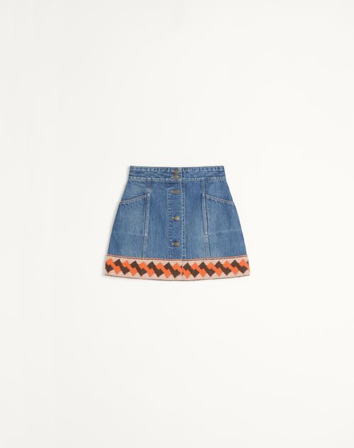 Valentino - Denim Skirt With Jacquard Trims - Denim - Woman - Denim