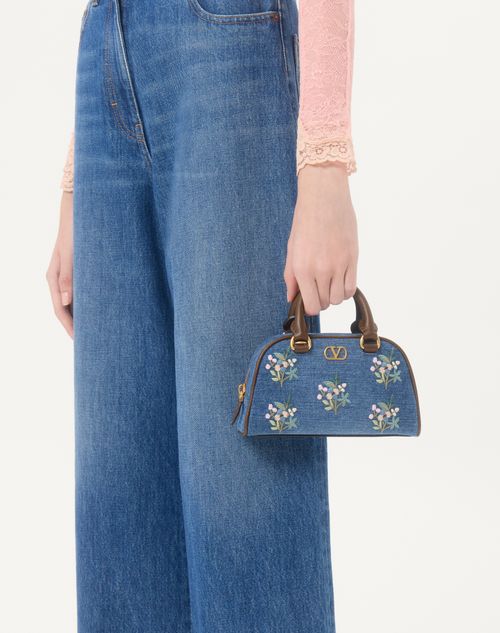 Valentino Garavani - Valentino Garavani Vlogo Signature Mini Top-handle Bag In Denim With Floral Embroidery - Denim - Woman - Top Handle Bags