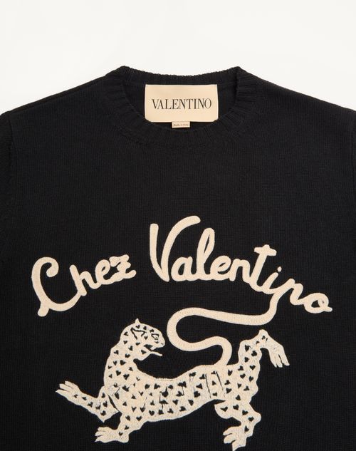 Valentino - Valentino Wool Jumper With Chez Valentino & Panther Embroidery - Black - Man - Knitwear