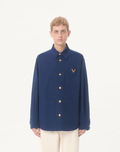 Valentino - Valentino Cotton Gabardine Shirt Jacket With Vgold - Cobalt - Man - Outerwear