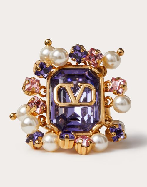 Valentino Garavani - Vlogo Signature Metal Ring With Pearls And Crystals - Gold/purple - Woman - Jewelry