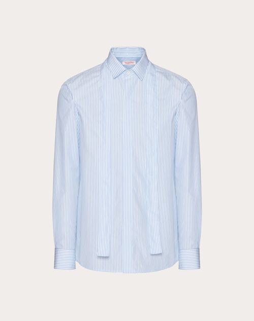 Valentino - Camisa De Popelina De Algodón Con Chalina Desmontable - Celeste - Hombre - Camisas