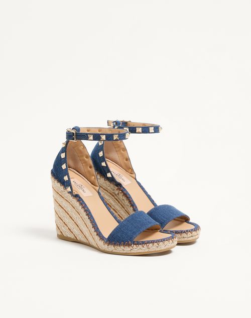 Valentino Garavani - Rockstud Double Wedge Sandal In Denim 105mm - Blue - Woman - Espadrilles And Wedges