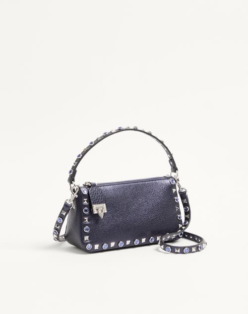 Valentino Garavani - Valentino Garavani Rockstud Small Shoulder Bag In Laminated Calfskin With Cabochon Stones - Navy - Woman - Shoulder Bags