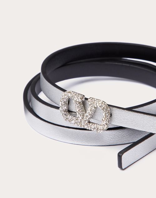 Valentino Garavani - Ceinture Réversible Vlogo Signature En Cuir De Veau Métallisé Et Brillant, Hauteur : 10 mm - Argent - Femme - Ceintures