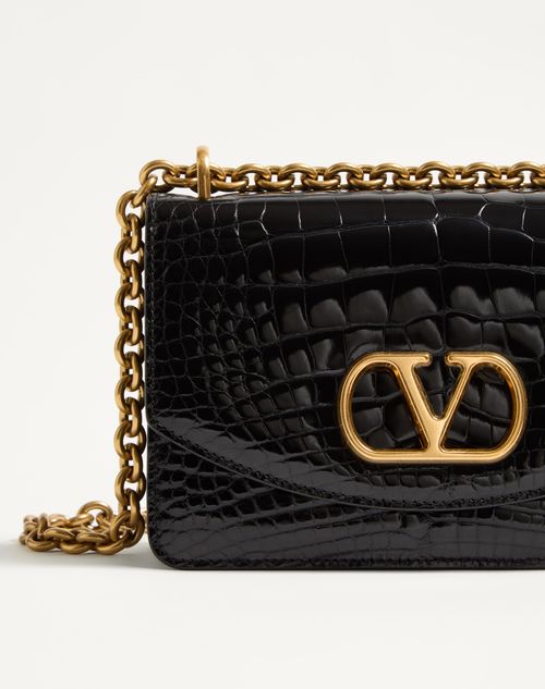 Valentino Garavani - VALENTINO GARAVANI VAIN SMALL SHOULDER BAG IN CROCODILE LEATHER - Black - Woman - Shoulder Bags