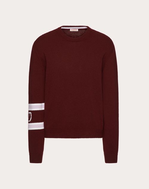 Valentino - Wool And Cashmere Crewneck Sweater With Vlogo Signature Embroidery - Maroon/ivory/wisteria - Man - Sweaters