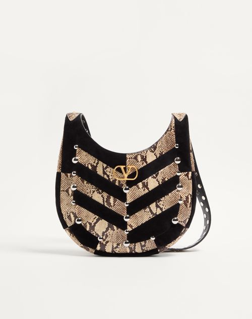 Valentino Garavani - Valentino Garavani Hoboho Small Hobo Bag In Python And Chevron-patterned Suede With Studs. - Beige/black - Woman - Woman F&f Integration