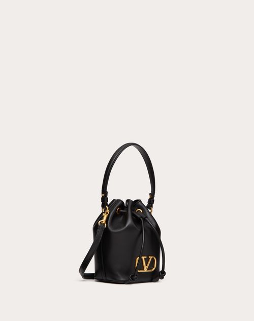 V Logo Signature Small Leather Bucket Bag in Black - Valentino