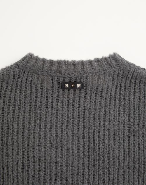 Valentino - Valentino Sweater In Wool And Nylon Blend With Studded Leather Loop - Dark Grey - Man - Knitwear