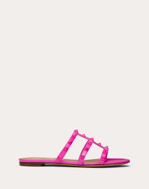 Valentino Garavani - Rockstud Patent Leather Flat Slide Sandal - Pink Pp - Woman - Slides And Thongs