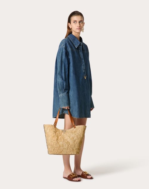 Rockstud Woven Raffia Shopping Bag for Woman in Natural almond