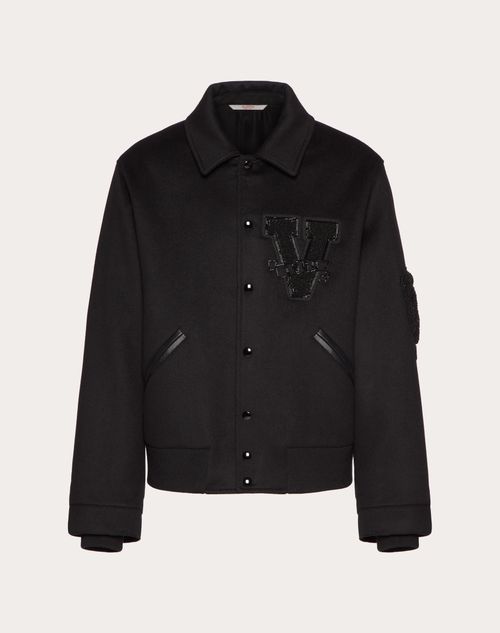 Valentino - Double Wool Sports Jacket With Embroidered V Crew Patches - Black - Man - Man Ready To Wear Sale