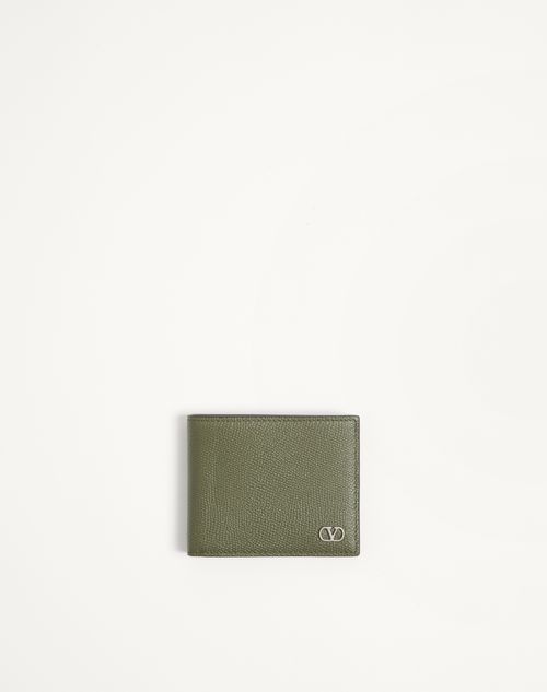 Valentino Garavani - Valentino Garavani Vlogo Signature Grainy Calfskin Wallet - Military Green - Man - Wallets And Small Leather Goods