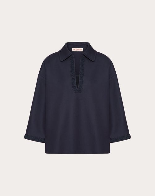 Valentino - Top Brodé En Light Double Splittable Gabardine - Bleu Marine - Femme - Chemises Et Tops