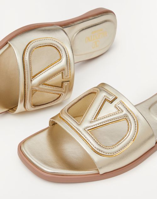 Valentino Garavani - Vlogo Cut-out Laminated Nappa Leather Slide Sandal - Platinum/antique Brass - Woman - Slides And Thongs