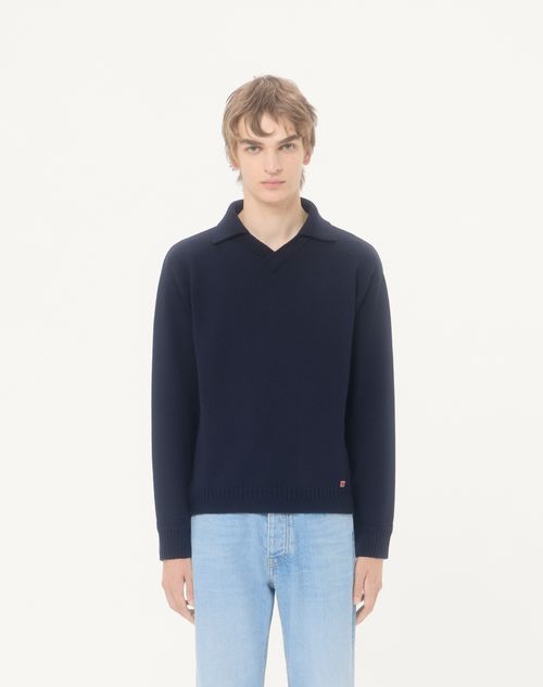 Valentino - Valentino Wool Sweater With Vlogo Signature Patch And Polo Collar - Navy - Man - Knitwear