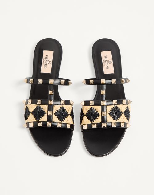 Valentino Garavani - Rockstud Slide Sandal With Raffia Check Embroidery - Natural/black - Woman - Slides And Thongs