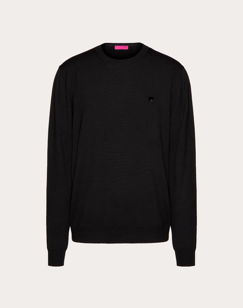 Valentino - Crewneck Wool Sweater With Stud Detail - Black - Man - Knitwear
